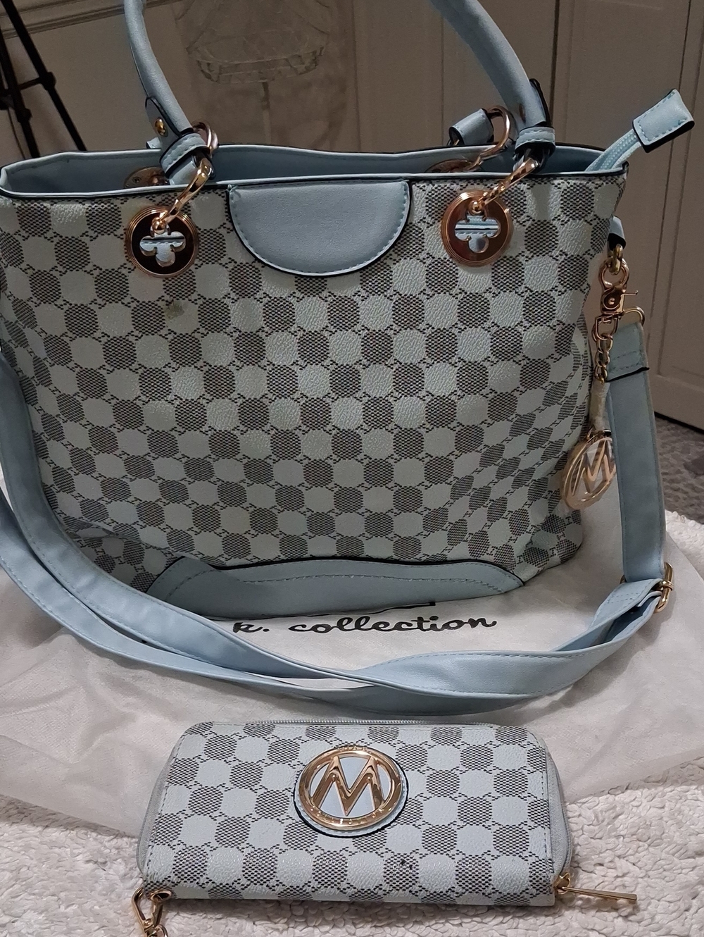 Light Blue Check Pattern Tote with Matching Wallet - Women Bags